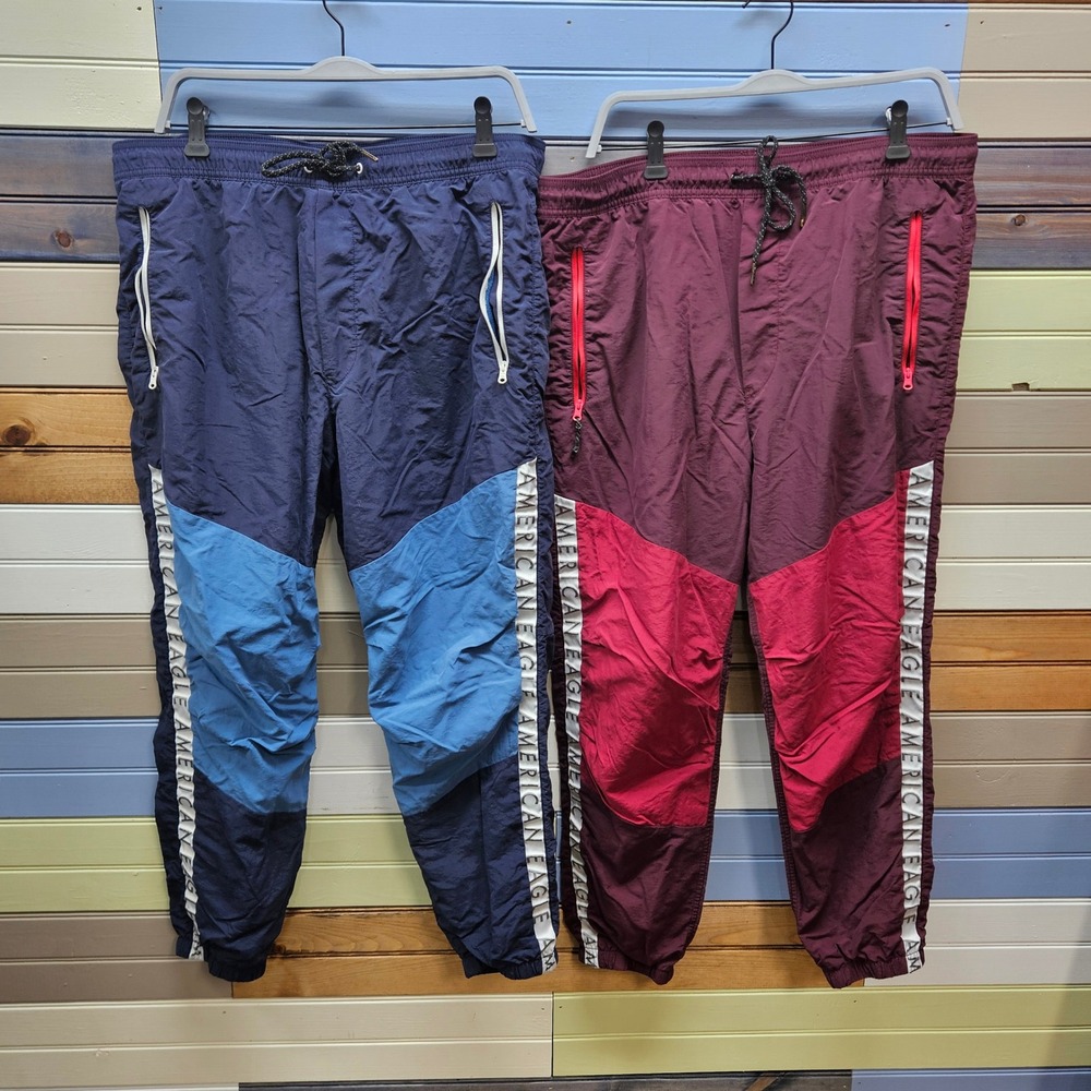 American Eagle Mens Nylon Windbreaker Jogger Pants Bundle Navy Burgundy Large